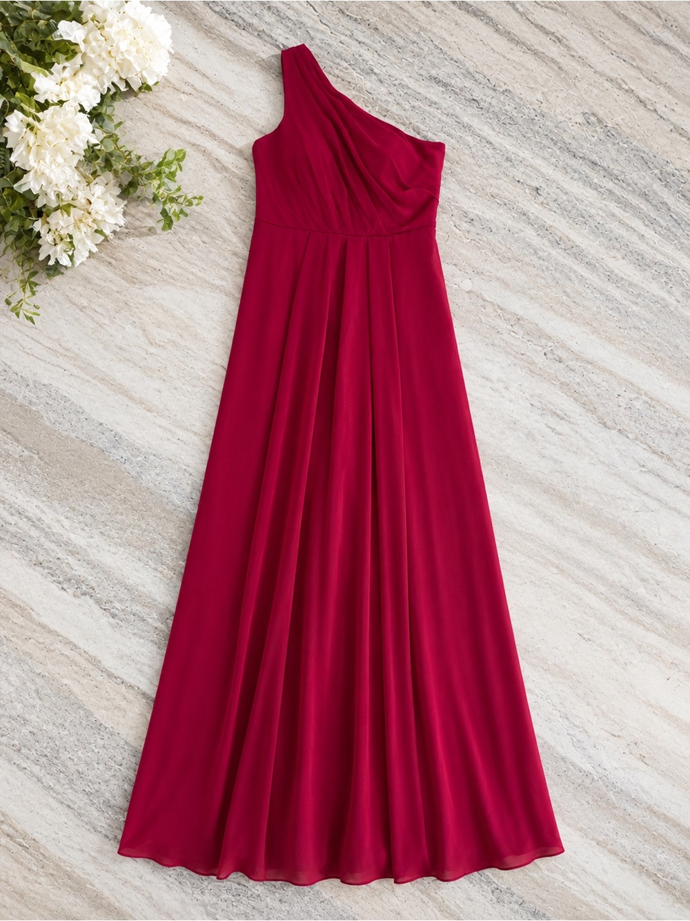 Azazie One-Shoulder Maxi Chiffon Formal Bridesmaid Dress Burgundy Red - Size A8 - Picture 2 of 11